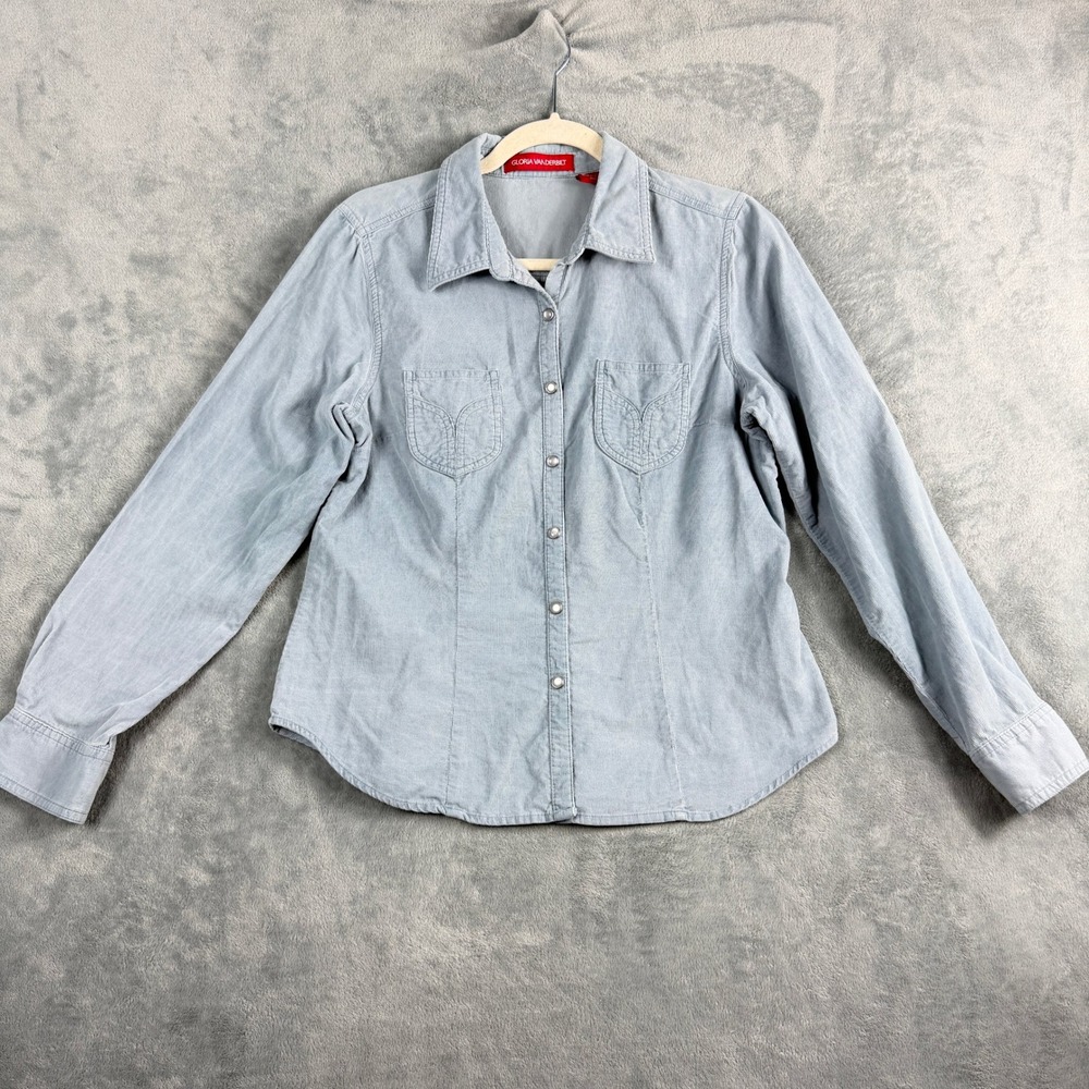 Gloria Vanderbilt Womens Medium Blue Corduroy Western Pearl Snap Shirt Boho Top
